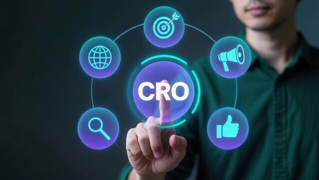 A hand pointing at glowing cro interface with icons for goals, promotion, search, and engagement, conversion rate optimization technology, cro, lead generation