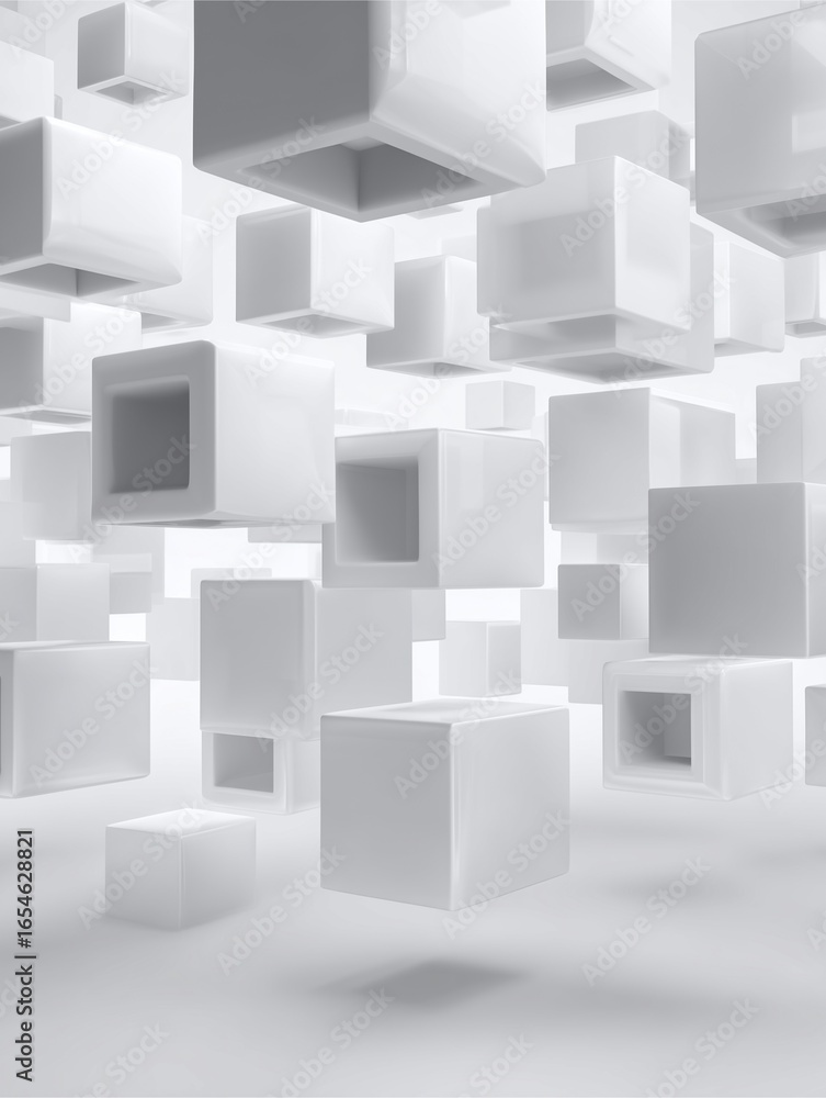 Poster geometric abstraction: a collection of pristine white cubic shapes suspended in an ethereal arrangem