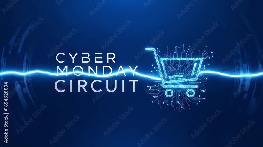 Poster cyber monday circuit. digital shopping cart icon on a futuristic blue background with circuit board 