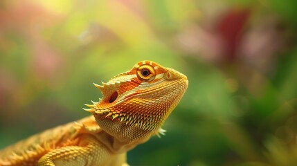Close up of a bearded dragon lizard with spiky scales and alert eyes