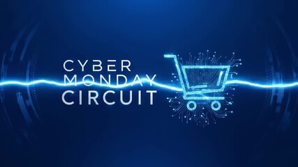 Cyber Monday Circuit. Digital shopping cart icon on a futuristic blue background with circuit board elements. - Powered by Adobe