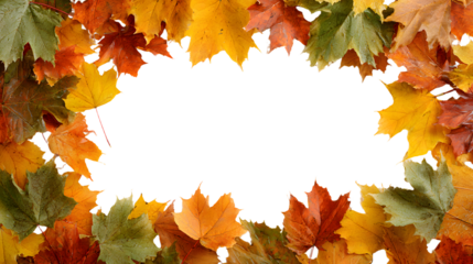 Falling autumn leaves frame a white background. Perfect for seasonal designs and autumnal themes