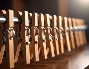 Harmonious sequence of wooden hangers suspended from a shiny steel rod