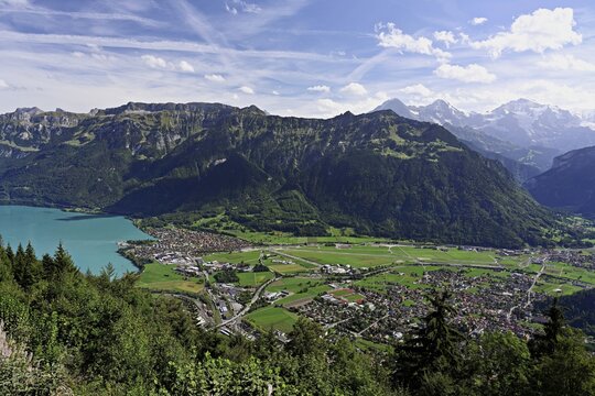 View of Lake Brienz from Harder Kulm, with Eiger, M&ouml;nch and Jungfrau in the background, Interlaken, Canton of Bern, Switzerland
