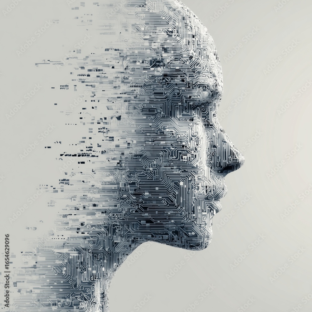 Aufkleber digital identity: a thought-provoking artistic rendering of a face, meticulously deconstructed and r