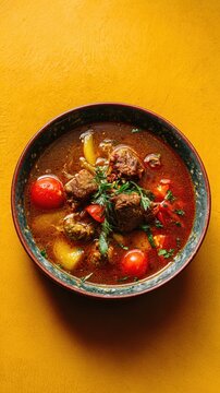 Sharba Libiya with rich lamb broth, tomatoes, and herbs, dish from Libya on yellow background, food photo, template for social media, digital ads, web banners, mobile wallpaper, greetings card