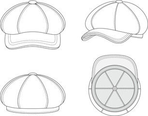 Editable technical flat of a classic newsboy cap with 6 6 panelled crown, button top, and curved brim. Includes multiple views with inner construction. For fashion design and headwear production.