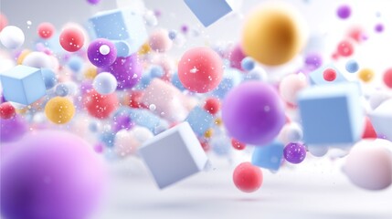 Abstract 3D Geometric Shapes: A dynamic and vibrant visual spectacle of a multitude of colorful spheres and cubes floating.