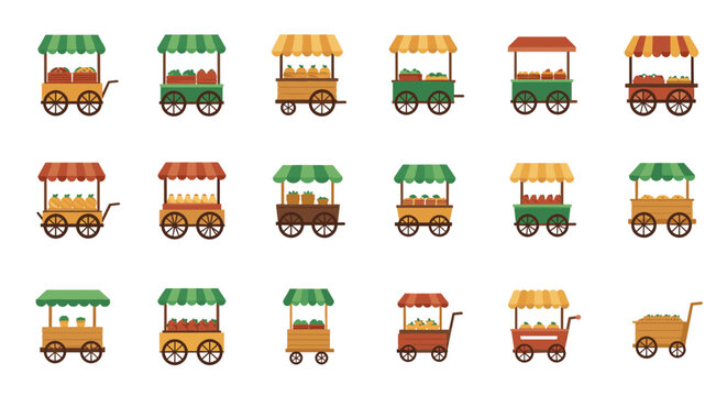 Assorted flat style fruit and vegetable carts in various designs and colors