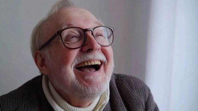 Portrait of elderly man with glasses, white beard, wearing brown knit sweater, smiling, for character close - up and senior life theme designs