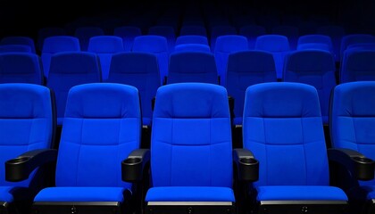 Naklejka premium Empty Blue Movie Theatre Seats Cinema with Film, Entertainment, and Night Out.