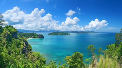 Scenic panorama of islands surrounded by clear tropical waters.