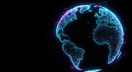 Blue and purple particle digital globe. Global technology concept