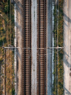 Railway Tracks from Above: A stark, symmetrical aerial perspective captures the parallel lines of a railway track, conveying themes of travel, infrastructure, and the journey itself.