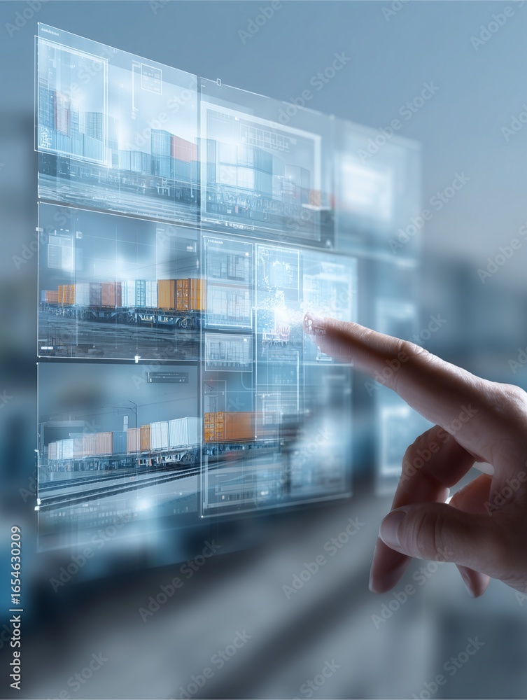 Poster digital logistics: a forward-thinking digital interface visualizes intricate global transport system