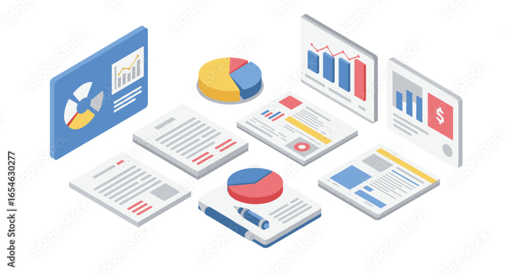 Poster isometric infographic elements with graphs, charts, and documents for data presentation