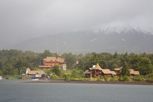 Osorno Volcano and the village of Petrohue seen from Lago Todos los Santos (All Saints' Lake), Vicente P&eacute;rez Rosales National Park, Regi&oacute;n de los Lagos (Lake Region), Chile