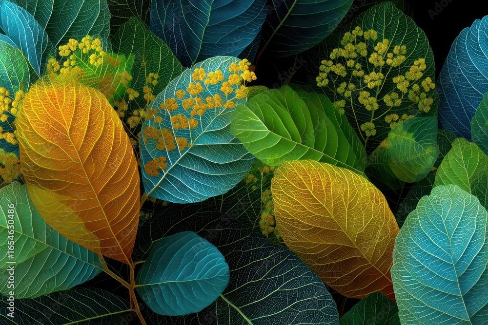 Poster botanical geometric fusion concept. colorful leaves with intricate vein patterns on a dark backgroun