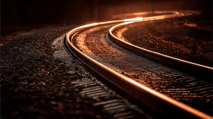 Railroad Tracks's Winding Journey: A captivating composition showcases the curves of a railroad track bathed in a warm, golden light, evoking a sense of journey, adventure, and anticipation.