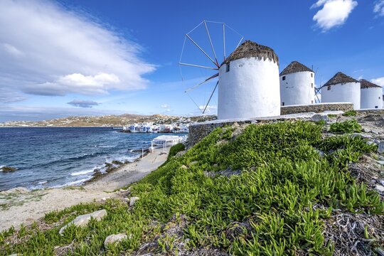 Cycladic windmills on the coast, Kato Milli, Mykonos Town, Mykonos, Greece