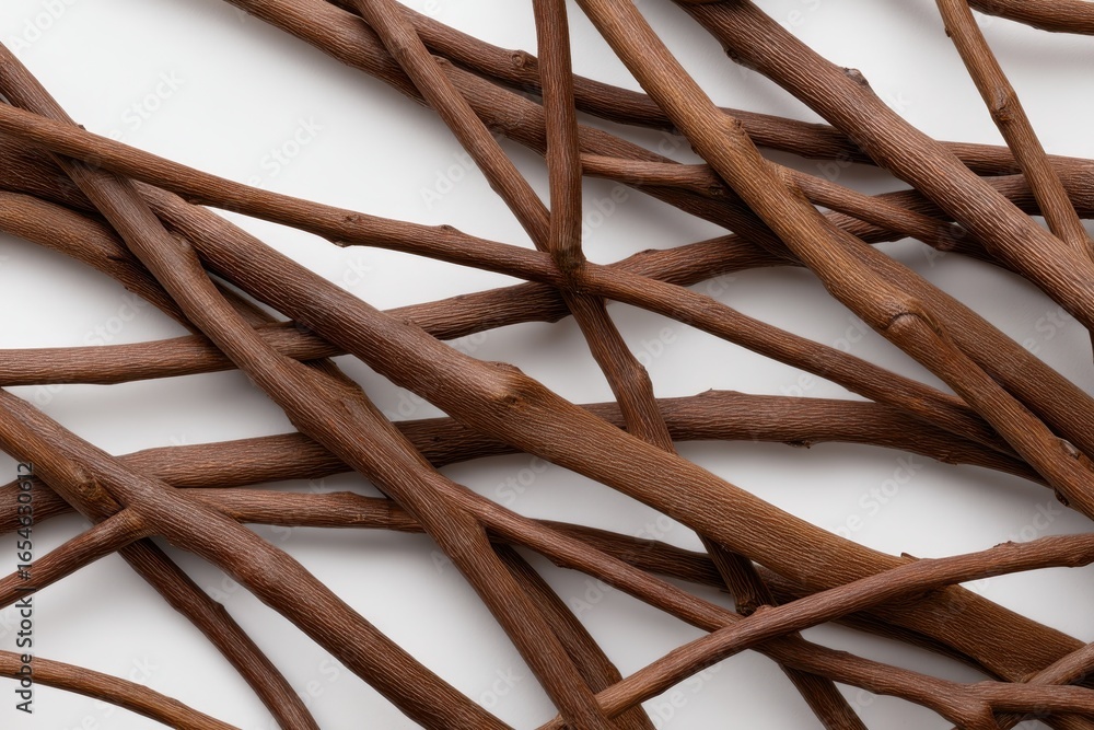 Poster botanical geometric fusion concept. natural twigs arranged in an intricate pattern on a light surfac
