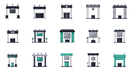 Set of modern minimalist trade show booth designs in flat style