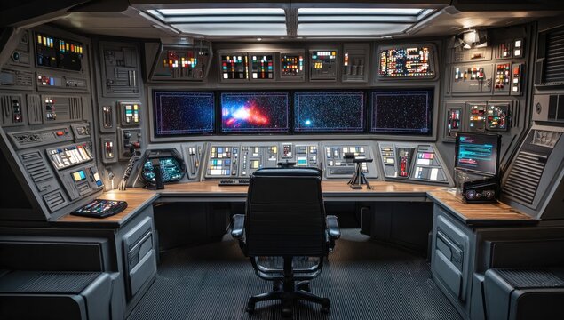 Futuristic control room with multiple monitors displaying data