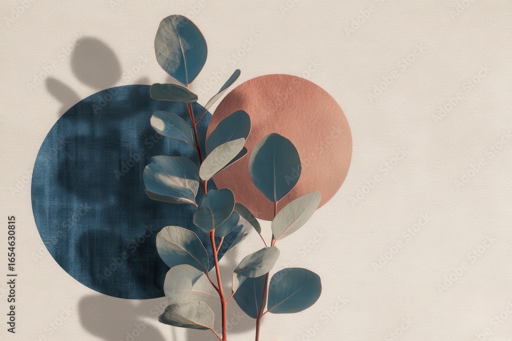 Poster botanical geometric fusion concept. abstract design with leaves and colorful circles on a textured b