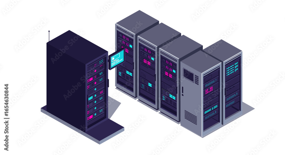 Poster isometric data center design with server racks and network equipment in modern style