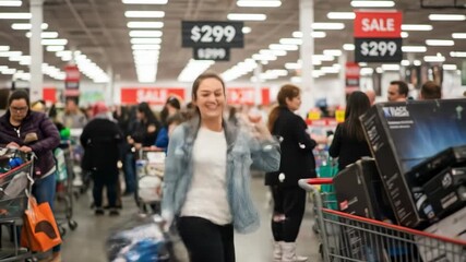 SALE $299. Excited young Caucasian woman running with a full shopping cart. Happy customer enjoying a massive discount event in a retail store. - Powered by Adobe