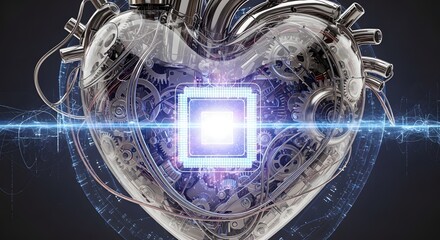 Mechanical Heart with Digital Core - Futuristic, Abstract Art.