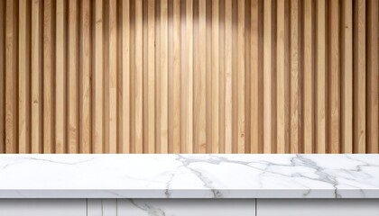 Empty Marble Countertop with Light  Wood Panel Backdrop  Product Display Concept.