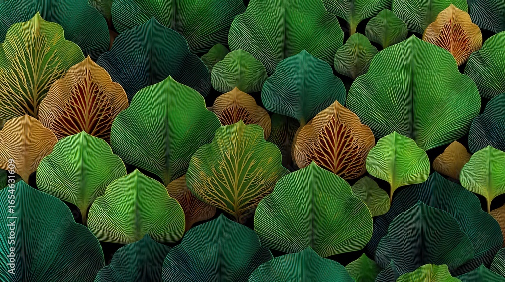 Poster botanical geometric fusion concept. leaves in intricate patterns and colors create a vibrant natural