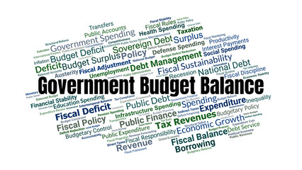 Government Budget Balance Word Cloud. Key Terms On Fiscal Policy, Spending, Revenues, Debt, Deficits, Surpluses, And Public Financial Management In National Economies.