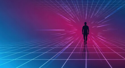 Silhouette of a Person Walking Towards a Colorful Abstract Background with Rays of Light and Grid Pattern in Futuristic Digital Concept