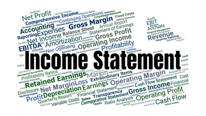Income Statement Word Cloud. Key Financial Terms On Revenue, Expenses, Profit, Margins, Cash Flow, And Accounting Insights For Business And Corporate Reporting.