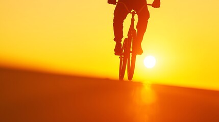Cyclist silhouetted against a vibrant sunset on a desert road