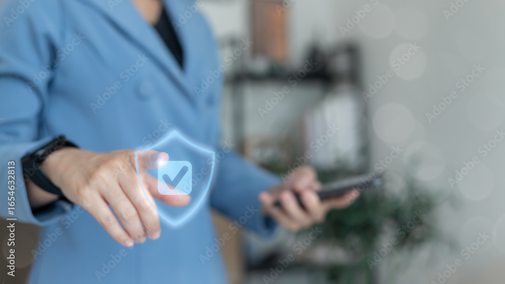 Poster businesswoman touching shield icon with check mark for data security and verification. concept of cy