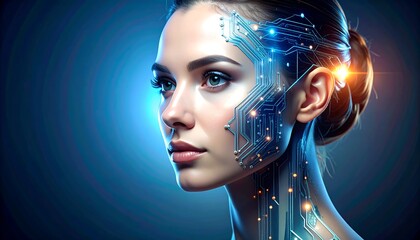 Woman with futuristic circuit board on her face