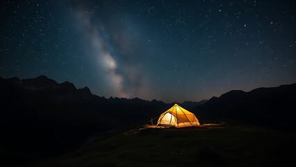 Starry mountain nightscape with a glowing tent under the Milky Way.