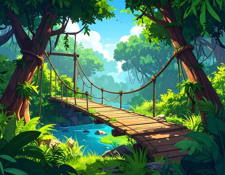 Fototapeta Lush jungle landscape illustration with a wooden rope bridge crossing a serene river atmosphere