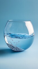 Water in a Round Glass Bowl with Bubbles on Light Blue Background Still Life