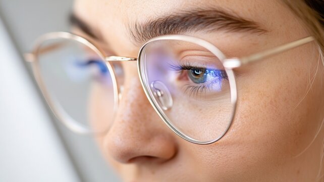 Young female data analyst working on a silver laptop with code reflecting in her glasses on a white matte background. Data scientist