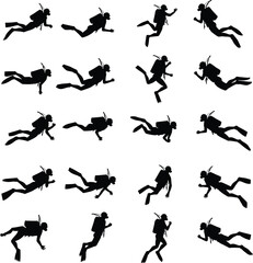 Scuba diver silhouettes underwater swimming action poses