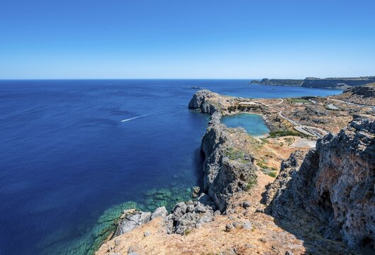 Rocky coast and Paulus Bay, view from the Acropolis, Lindos, Rhodes, Doedekanes, Greece