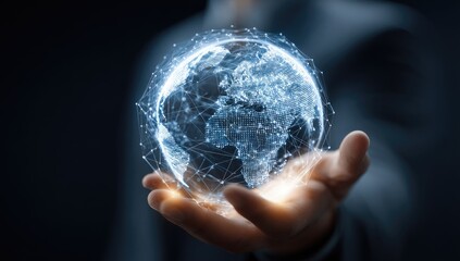 A hand holds a digital globe