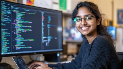 Young Indian woman coding on a laptop in a university lab with a vertical monitor displaying training curves. Data scientist