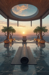 Luxury Sky Garden Yoga Pavilion with Bamboo Floor, Jade Inlays, and Sunset City Skyline.