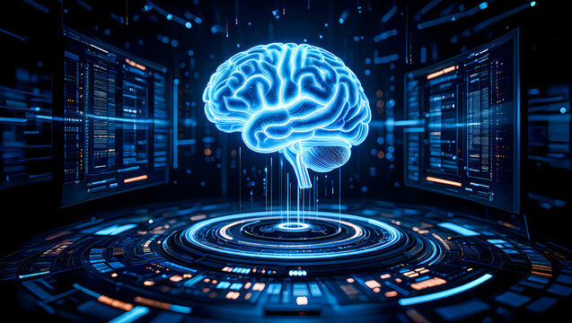 A dark background on human brain convert to artificial intelligence technology.