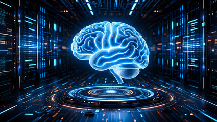 A dark background on human brain convert to artificial intelligence technology.